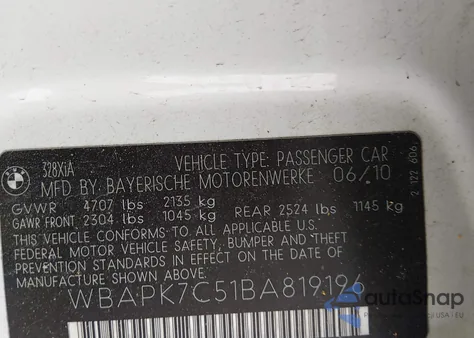 2011 BMW 328I xDrive z USA, uszkodzony, nr VIN WBAPK7C51BA819196